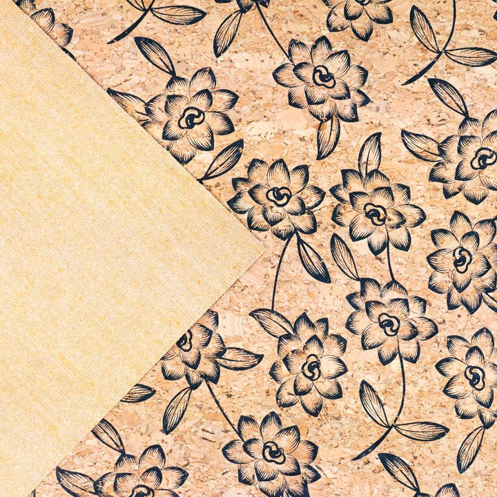 Meninas Bonitas Cork - Venta al por mayor Tela - Elegancia barroca: tela de corcho con estampado de flores negras COF-503