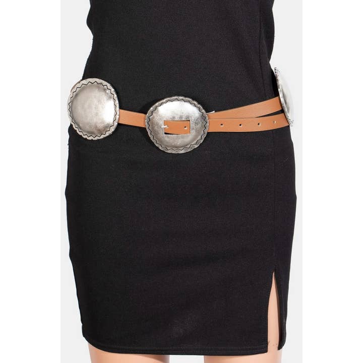 Collections by Fame Accessories - Vente Ceinture – femme - Ceinture en cuir végétalien avec grands disques concho occidentaux