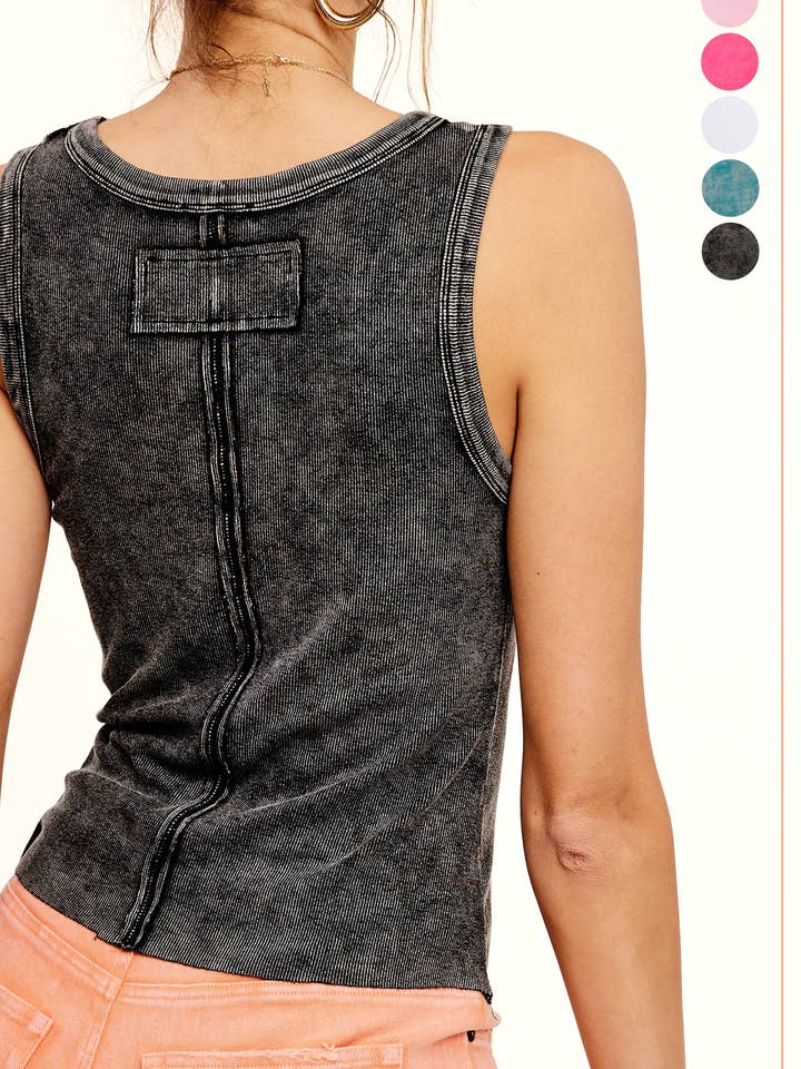 HCT7694-Mineral Washed Back Patch Detail Breathable Tank Top for wholesale by La Miel