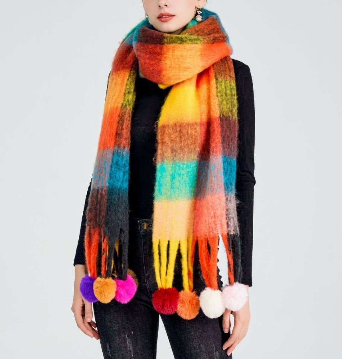 JC Sunny Fashion – wholesale Scarf – Women's – JC023504 Colorful Plaid Fuzzy Pompom Scarf1
