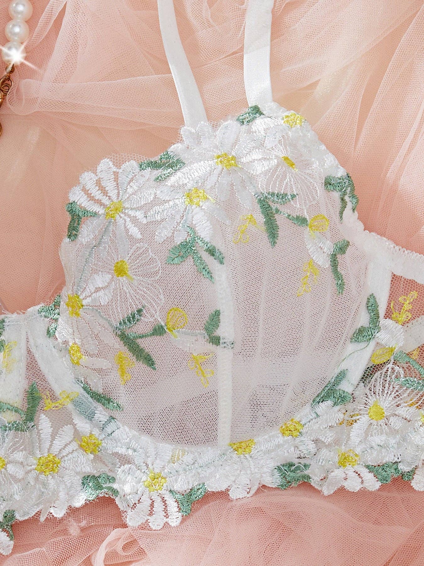 White Ladies Embroidery Daisy Bra Thong 2PCS Lingerie Set SKLG4001 for wholesale on Faire4