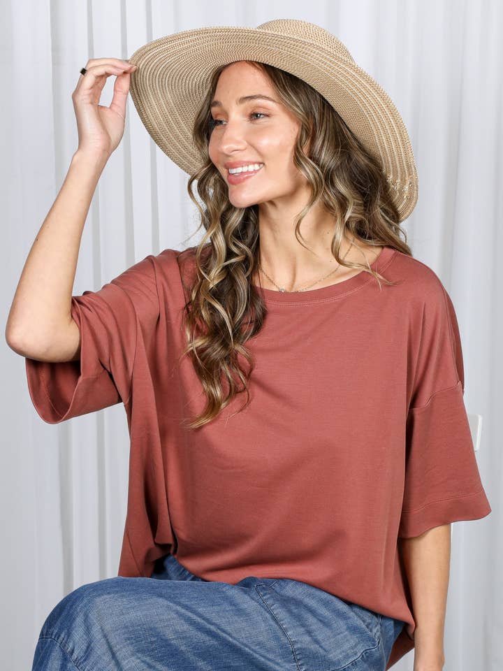 Crew Neck Oversized Cupro Knit T-Shirt Top VT82898 for wholesale by Vine & Love