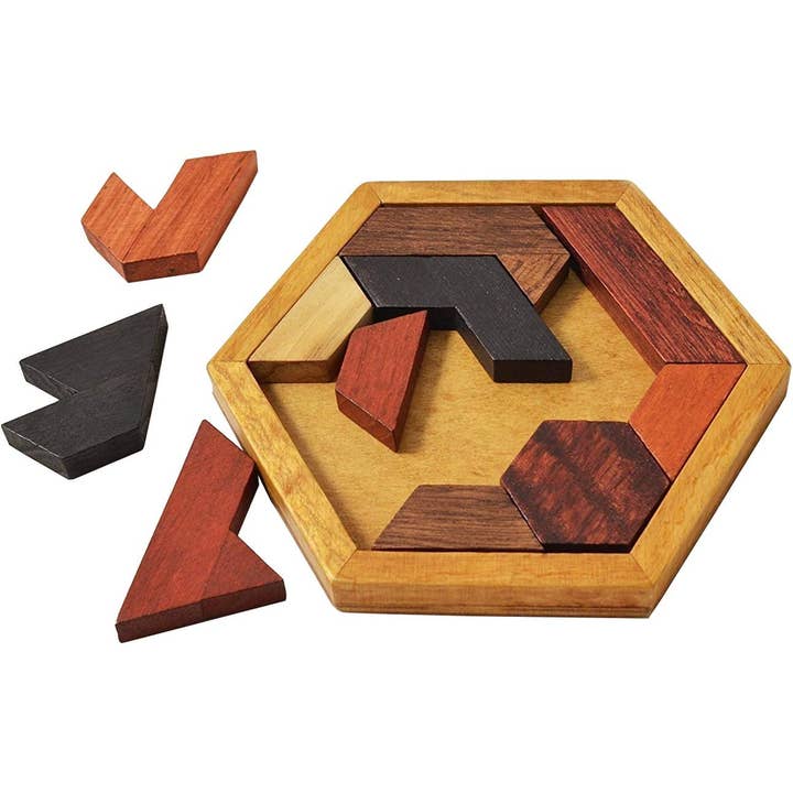Texas Toy Distribution - Wholesale Puzzle - Kids - Hexagon Tangram Wooden Puzzle for Kids and Adults 11pcs