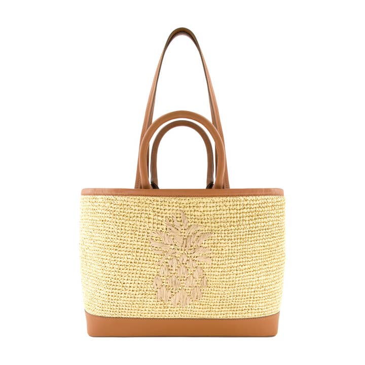 Concept One - Wholesale Tote Bag - Women's - Tommy Bahama Leather Trim Raffia Tote With Pouch, Tan/Brown