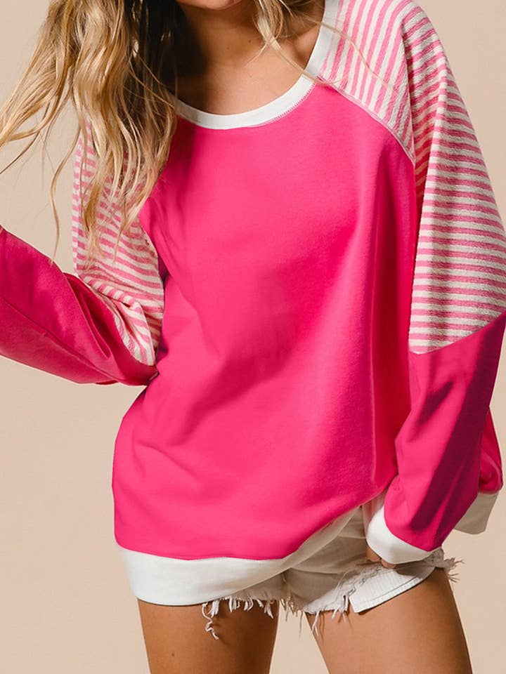 Aardbeienroze gestreepte top met raglanmouwen en patchwork voor wholesale door Kristine Leah