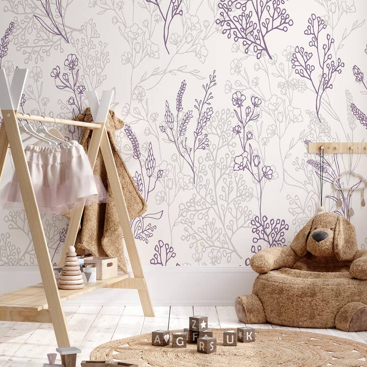 Lavendelblomstret tapet til børneværelse, blød botanisk vægmaleri for engroshandel hos SimurgWallArts