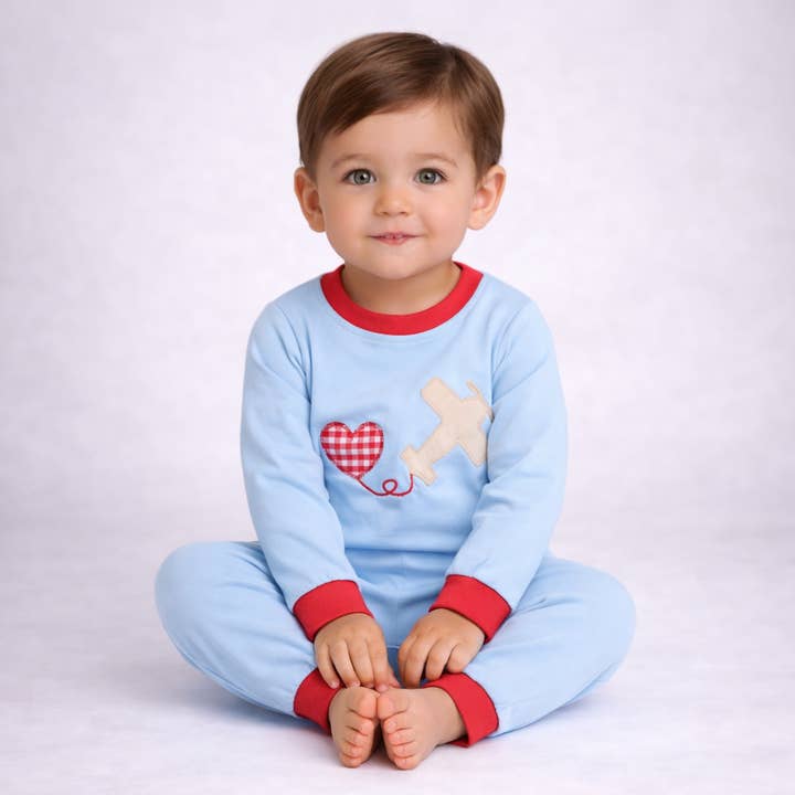 Valentine Boy Airplane Romper (Ships Now) for wholesale by City Beautiful Childrens Boutique
