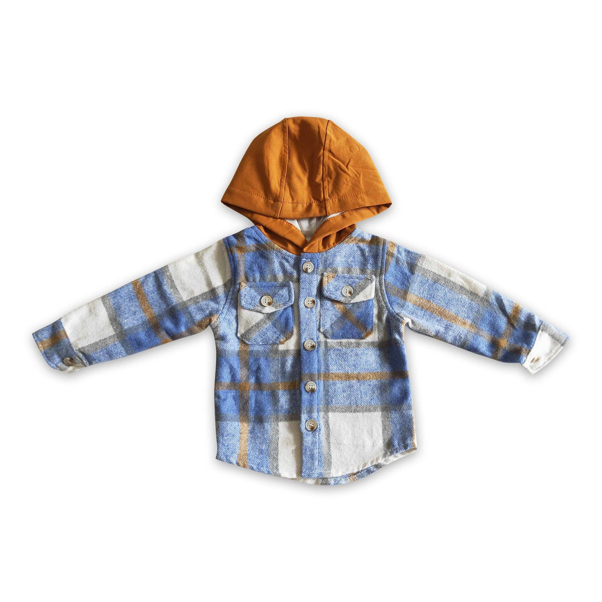 Yawoo Garments - Vente Sweat à capuche – enfant - Sweat à capuche boutonné en flanelle épaisse pour garçon, chemise bleue en coton à carreaux1
