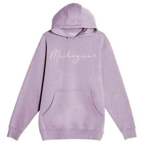 Felpa con cappuccio: Michigan Script with Heart- Lavender per la vendita all'ingrosso da parte di My State Designs
