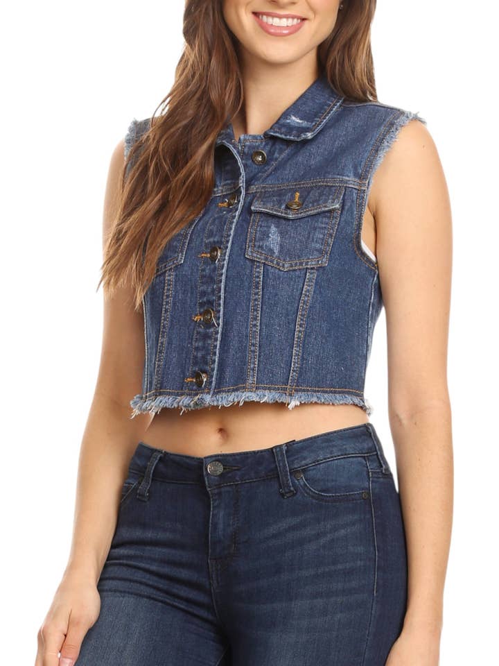 Gilet court en jean vieilli pour la vente par Anna Kaci Wholesale