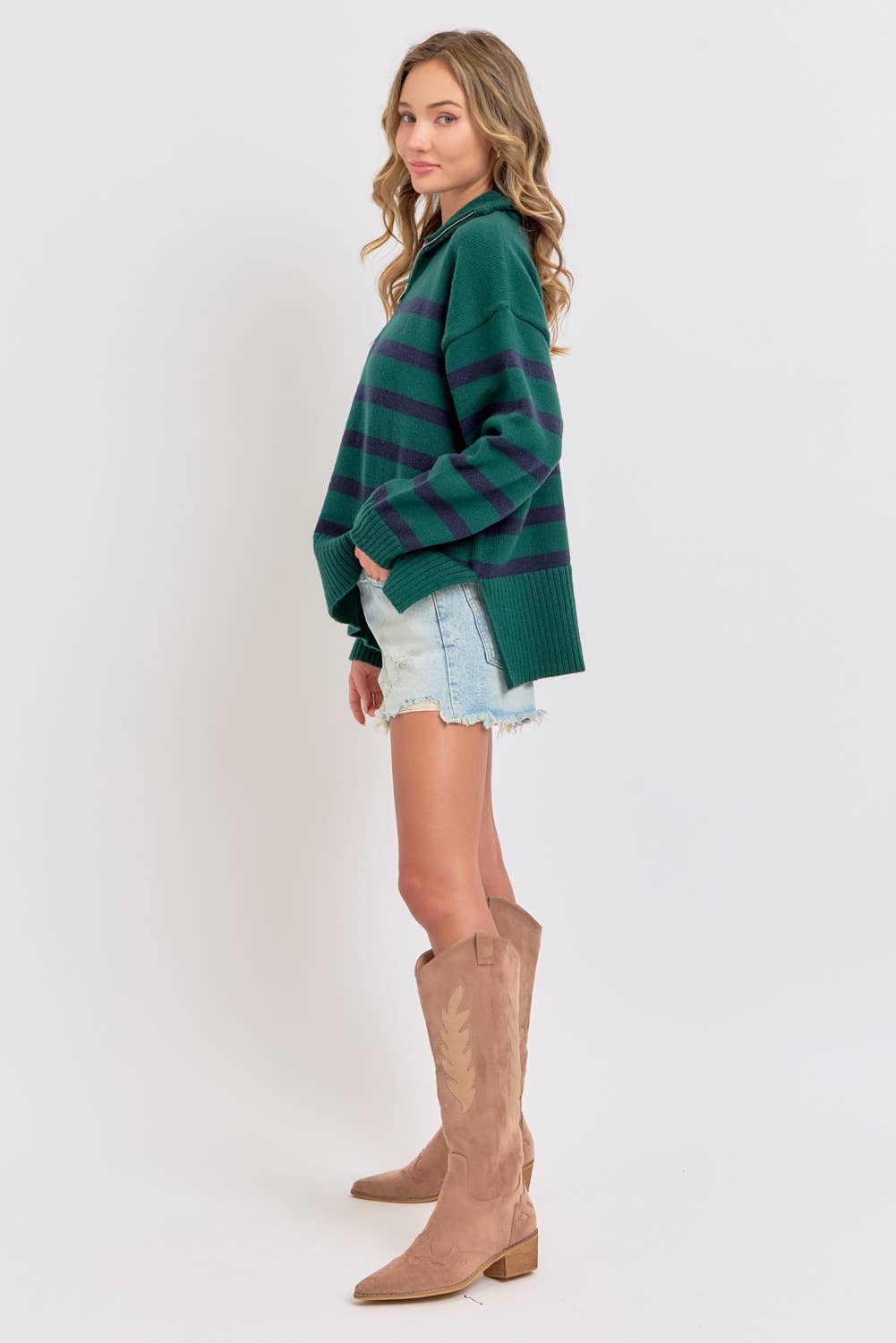 Sweet Lovely by Jen - Wholesale Knit Sweater - Women's - STRIPED ZIP-FRONT OVERSIZED PULLOVER KNIT SWEATER  26