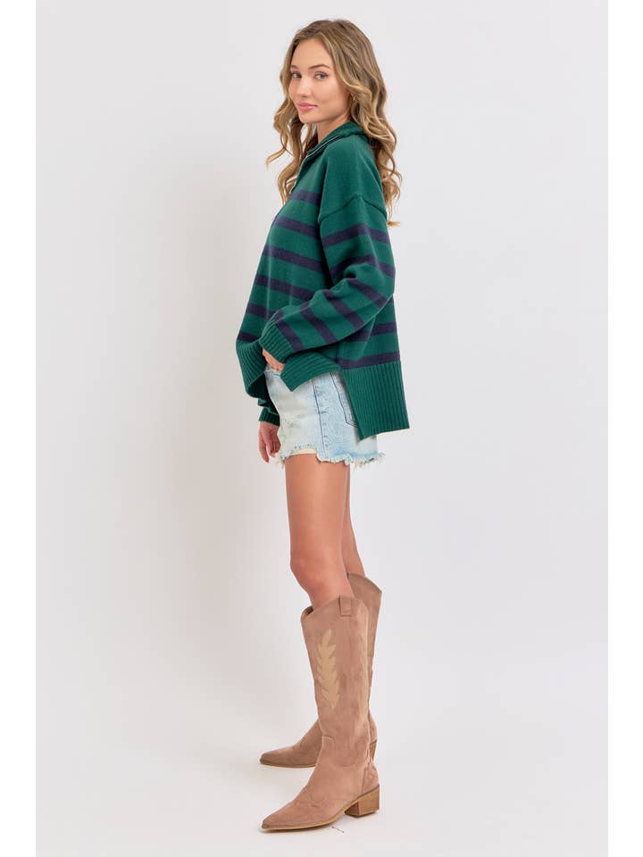 Sweet Lovely by Jen - Wholesale Knit Sweater - Women's - STRIPED ZIP-FRONT OVERSIZED PULLOVER KNIT SWEATER 26