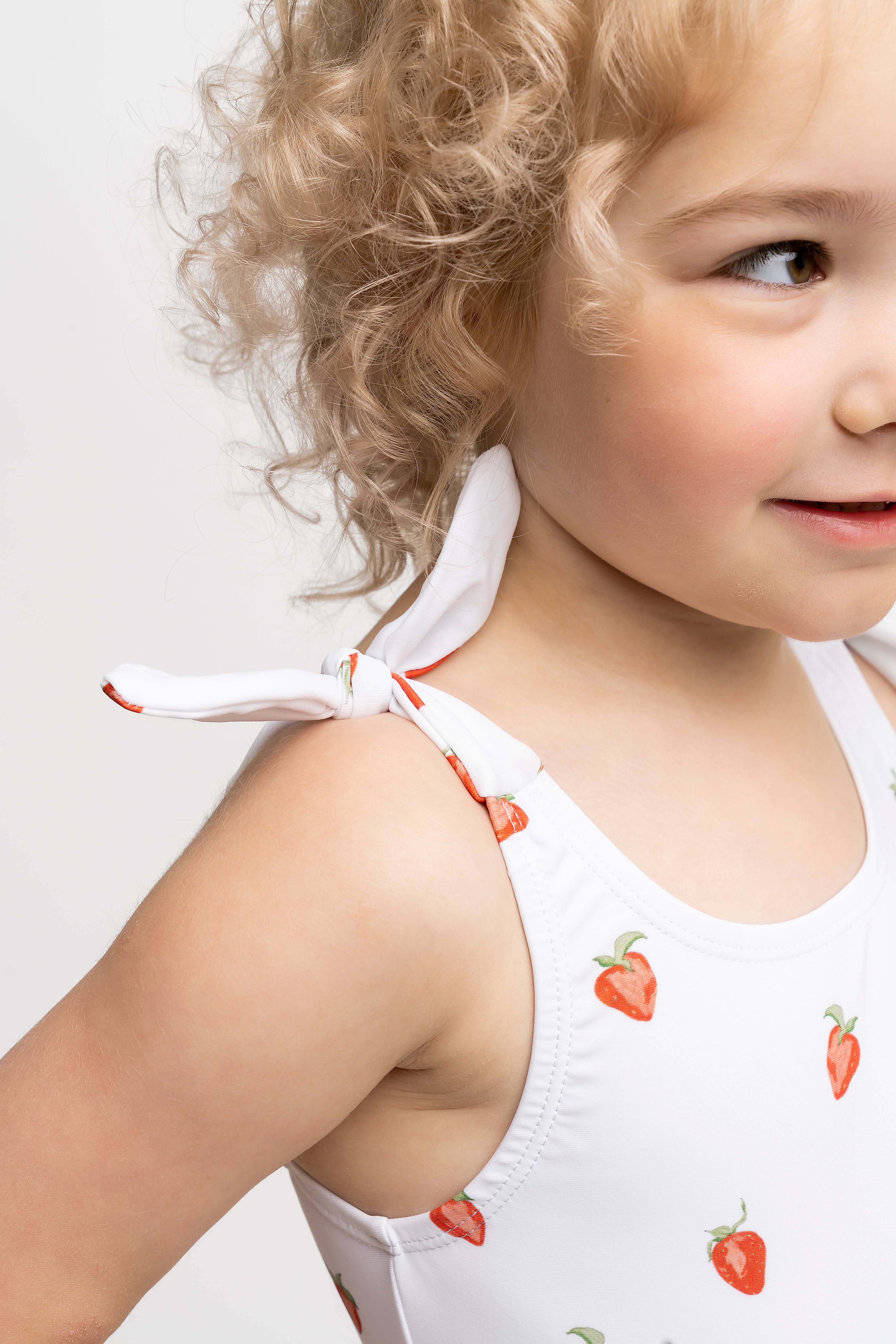 Coral Reef Swim - Wholesale One Piece Swimsuit - Kids - Strawberry Print Bowtie Straps Kids One Piece1