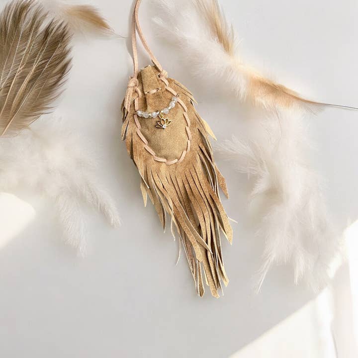 Leyla Amulet Bag Fringed Leather Bag Medicine Bag Necklace for wholesale by Shamana Co.