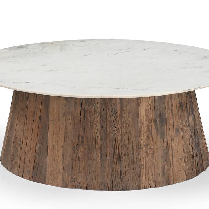 Oval Wood Coffee Table with Marble Top H 18" & Dia 28" for wholesale on Faire2