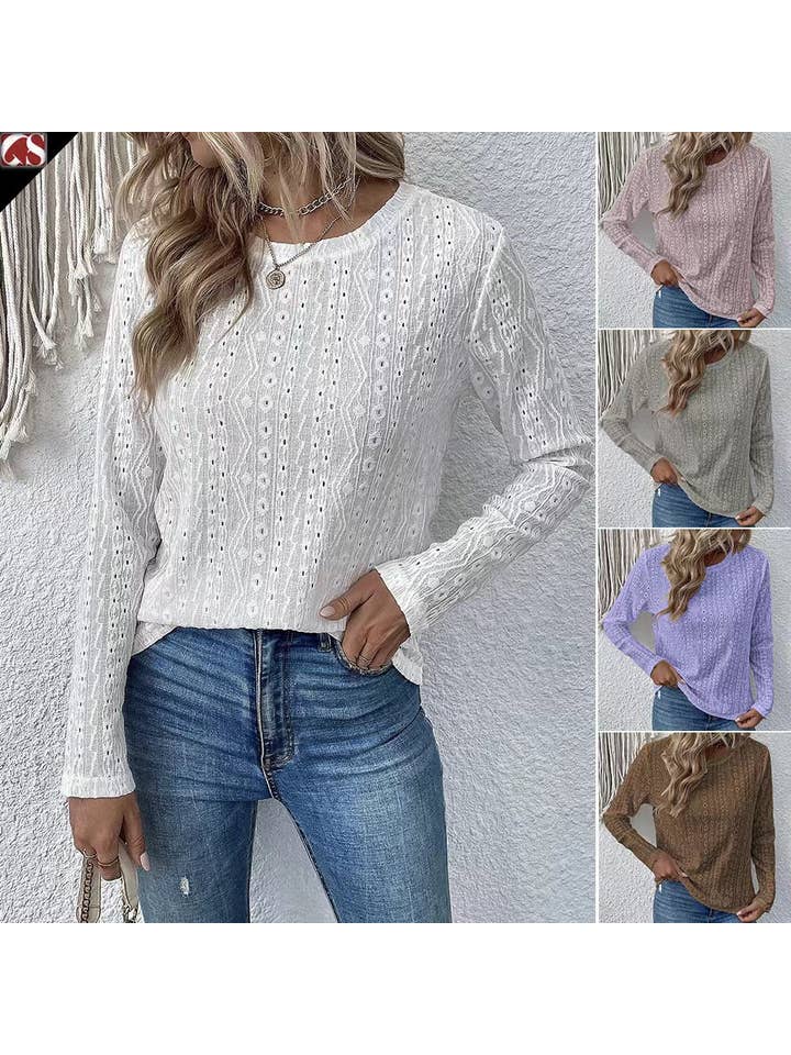 Masyal - Wholesale T-shirt – women's - Women's Round Neck Lace Hollow-Out Casual T-Shirt1