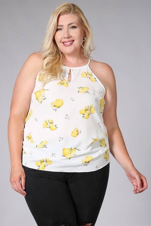 Haute Fox Plus Size & Contemporary – Top interior – Mulher por atacado – Top de Alças com Estampa de Limão Plus Size KY17975-2T