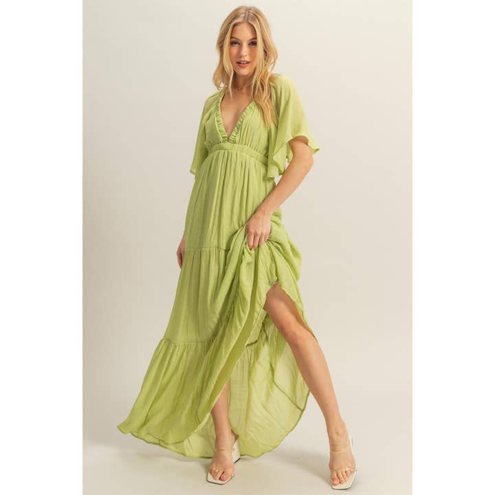 HYFVE - Wholesale Dress - Women's - HF25E045-V-Neck Flowy Sleeves Tiered Maxi Dress
