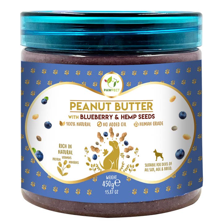 Pawfect Peanut Butter with Blueberries & Hempseeds for Dogs & Puppies | 100% Natural | No Added Sugar, Salt, Palm Oil | No Sweeteners, No Xylitol | Healthy Dog Treat and other Purchase wholesale peanut butter stack. Free returns & net 60 terms on Faire trending on Faire.