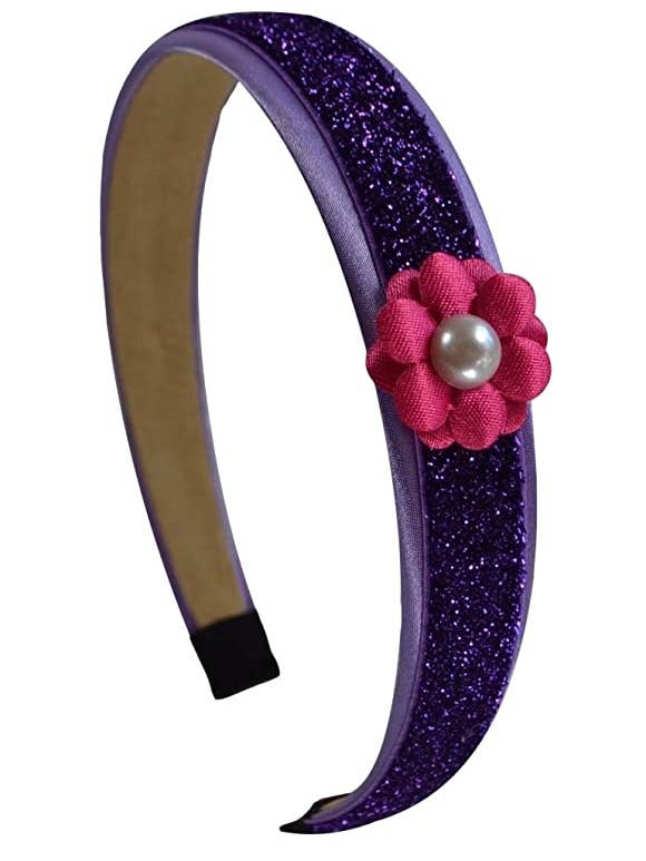 Purple Glitter Headband with Pink Daisy Flower for Preschoolers and Little Girls for wholesale by Funny Girl Designs