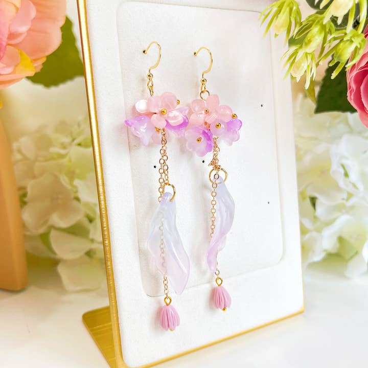 Melange Blanc - Wholesale Dangle Earrings - E194 purple flower long dangle drop earrings4