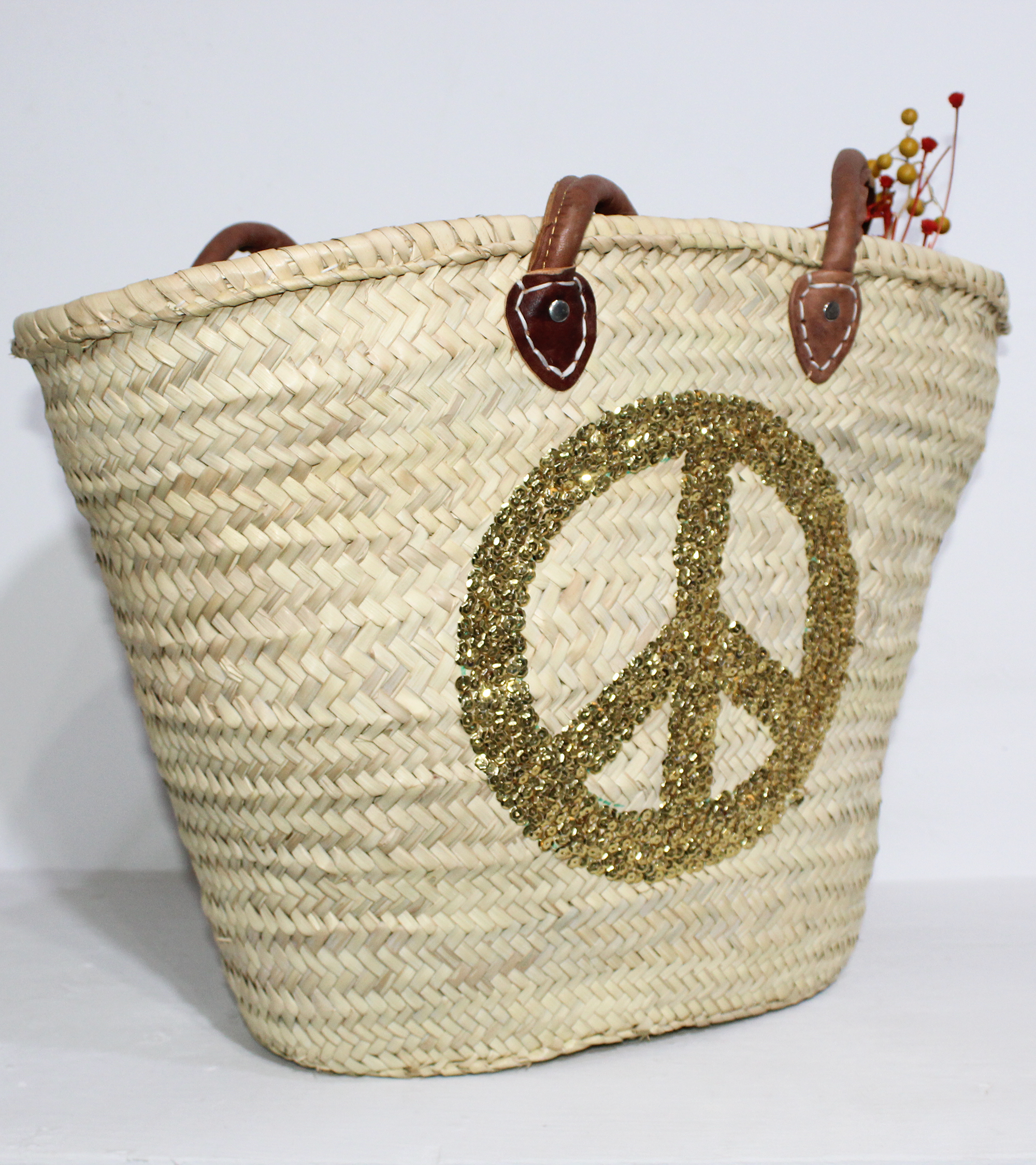 Melecraft - Vendita all'ingrosso Borsa da spiaggia - Borsa di paglia con segno di pace, cesta francese da mercato2