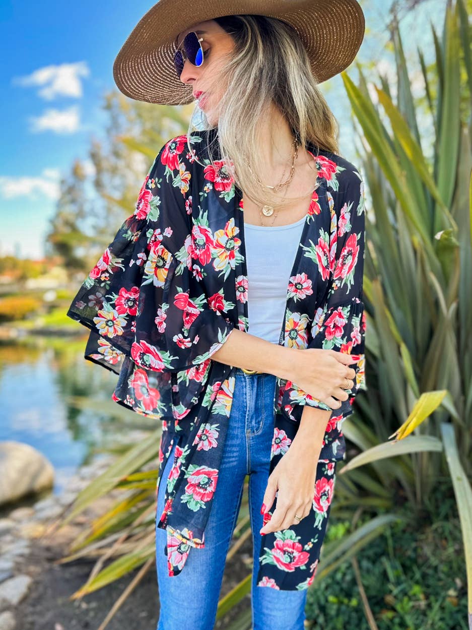 AMOLI – wholesale Kimono – Women's – Floral Printed Ruffled Sleeve Chiffon Kimono Cover-Up9