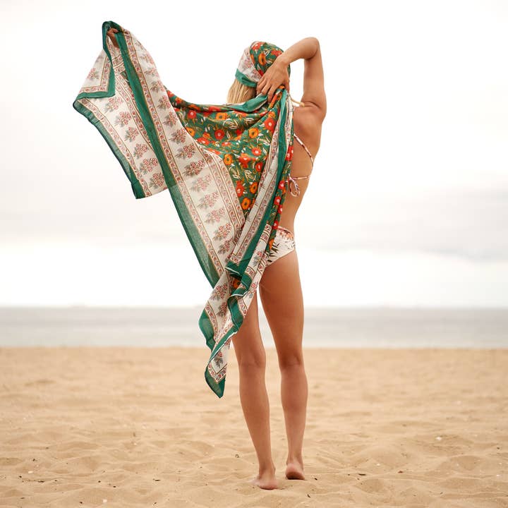 Linen Connections - Wholesale Swim Cover Up - Women's - Block Print Cotton Sarong Scarf Beach Wrap Bikini Pareo GIFT
