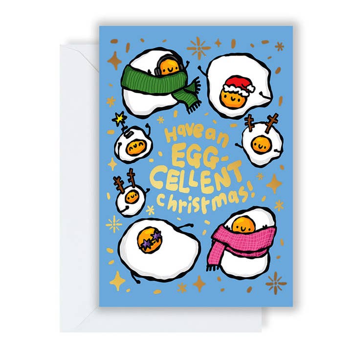 Weihnachts-Grußkarte mit Aufschrift „Have An Egg-cellent“ für den Großhandel von The Playful Indian