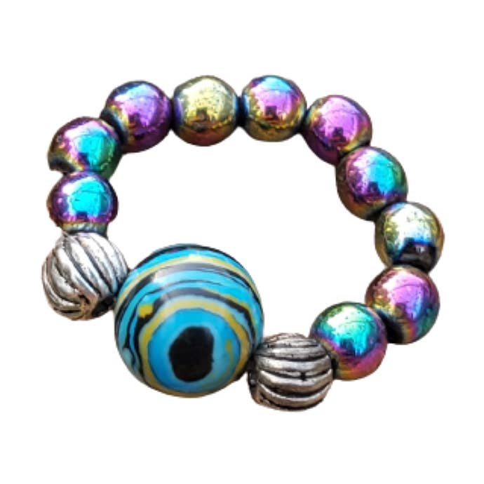 Bague d'orteil extensible en pierre de calsilice océanique et hématite arc-en-ciel pour la vente par BESHEEK JEWELRY