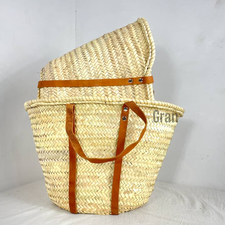 Bolso de paja hecho a mano con cuero, cesta de mercado francés para venta al por mayor de Gran Wholesale