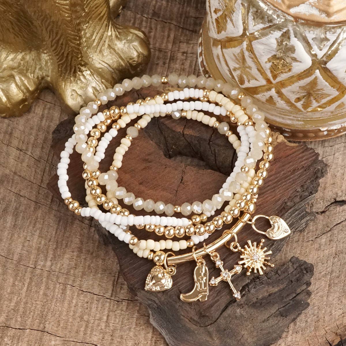 PennyLine inc - Wholesale Beaded Bracelet - Charmed Whimsy – Set of 5 Mint & White Beaded Bracelets with Golden Charm Bar3