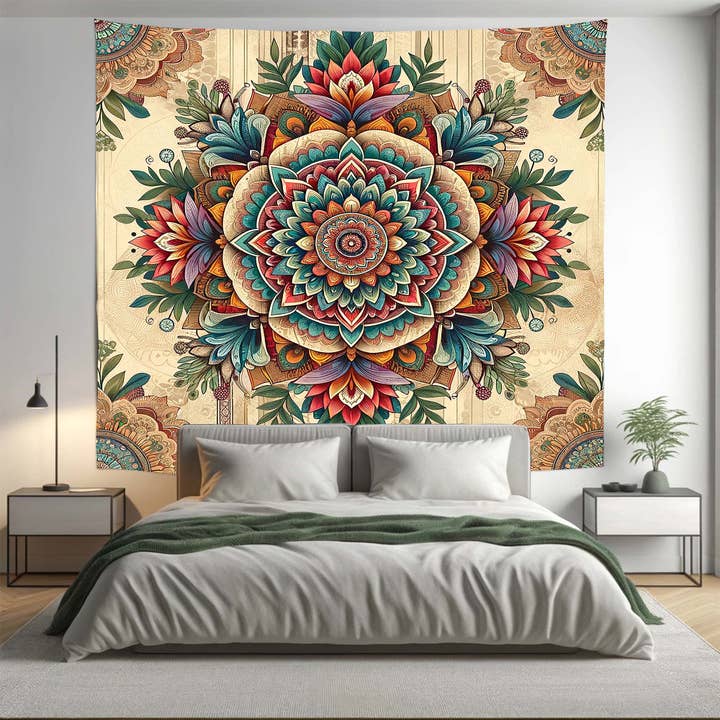 Tapiz bohemio con mandala floral colorido y psicodélico para colgar en la pared para venta al por mayor de Adore India