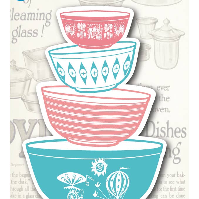 STICKER PINK & TURQUOISE stack bowls vintage Pyrex most love for wholesale by ModMoxGoods