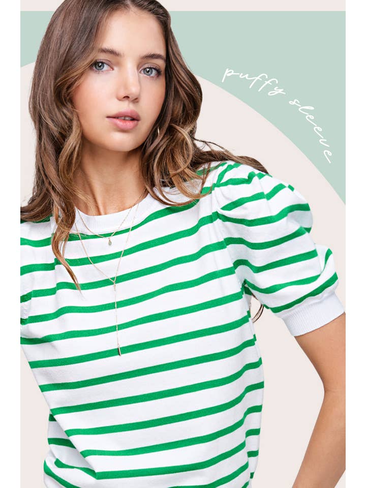 La Miel - Wholesale Knit Top - Women's - JCS3562-Lightweight Puff Short Sleeve Stripe Knit Top9