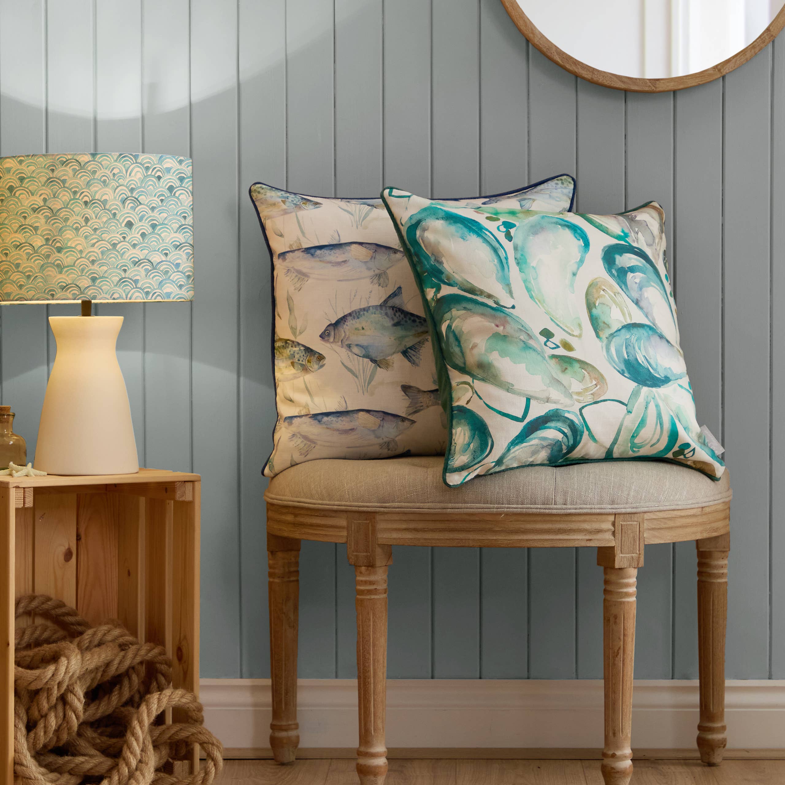 Mussel Shells Printed Piped Cushion Marine for wholesale on Faire5