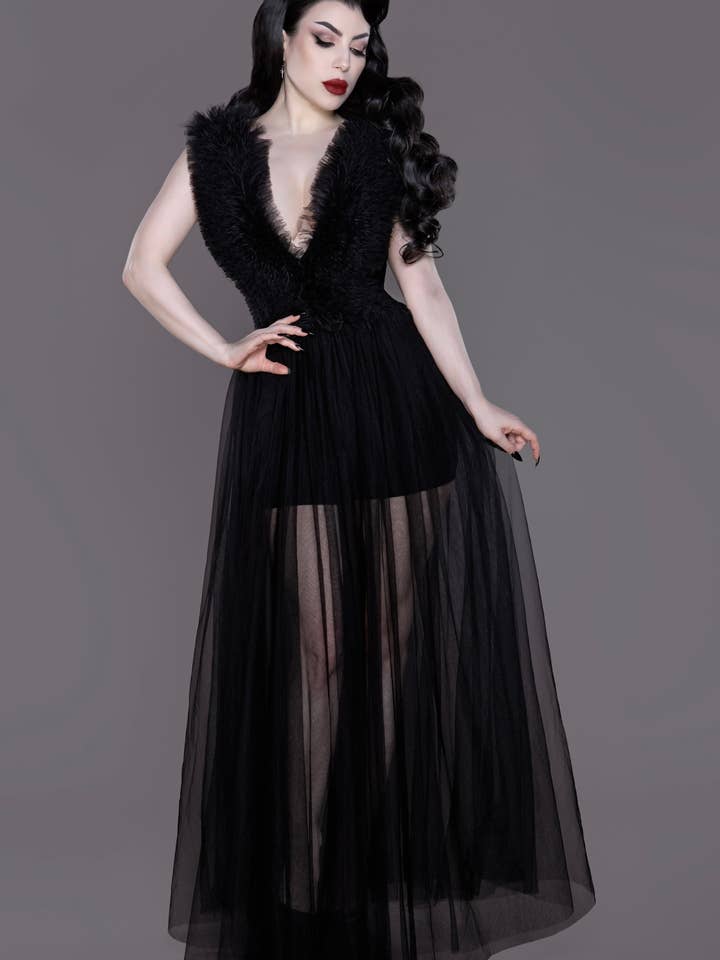 Yeti Tulle Romper Gown – Macacão Vestido de Tule com Folhos e Malha (Edição Glam Mítica) por atacado de Weasel Wear