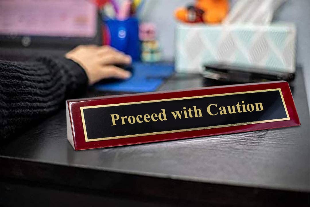 All Quality - Wholesale Desk/Tabletop Sign - Piano Finished Rosewood Novelty Engraved Desk Name Plate 'Proceed With Caution', 2" x 8", Black/Gold Plate1