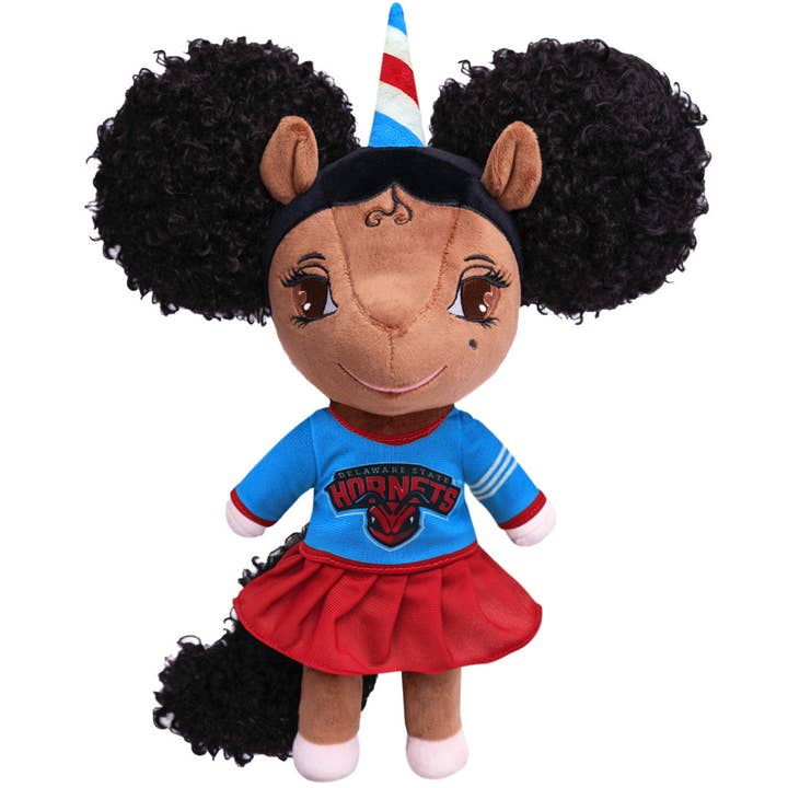 Poupée Licorne de l'Université d'État du Delaware avec Afro Puffs - 14 pouces pour la vente par YOUnicorn Kidz