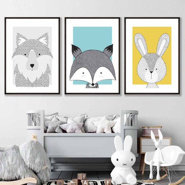 Lot de 3 imprimés pour chambre d'enfant Motif animaux de la forêt Bleu Jaune pour la vente par Artze Wall Art