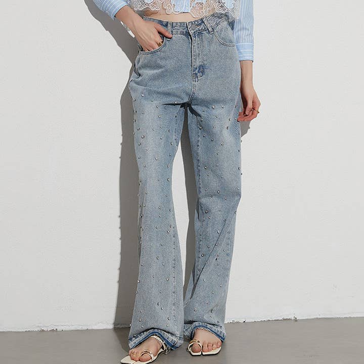 Blue HIGH WAISTED STUDDED PEARL STRAIGHT LEG JEANS_CWJP0197 for wholesale on Faire