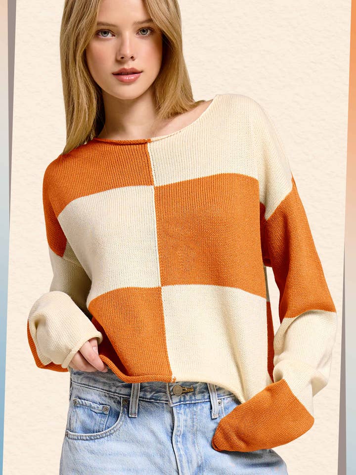 HCS3595-rutig tröja lös passform med rullad fålltröja för wholesale av La Miel