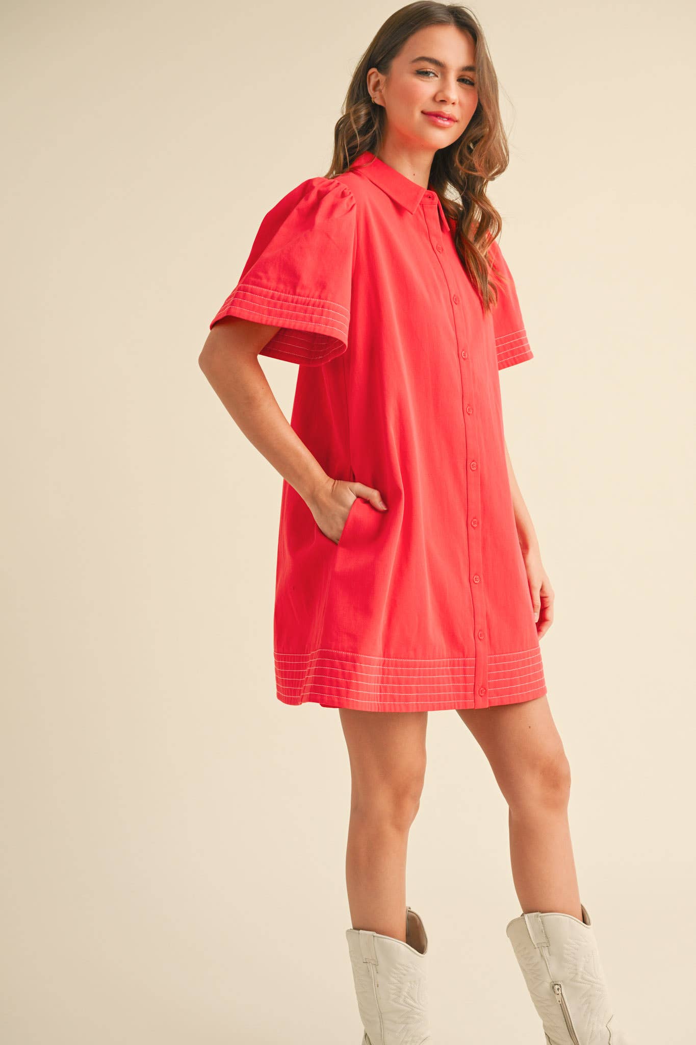 &MERCI - Wholesale Dress - Women's - SHORT SLEEVE BUTTON DOWN MINI DRESS MDR357214