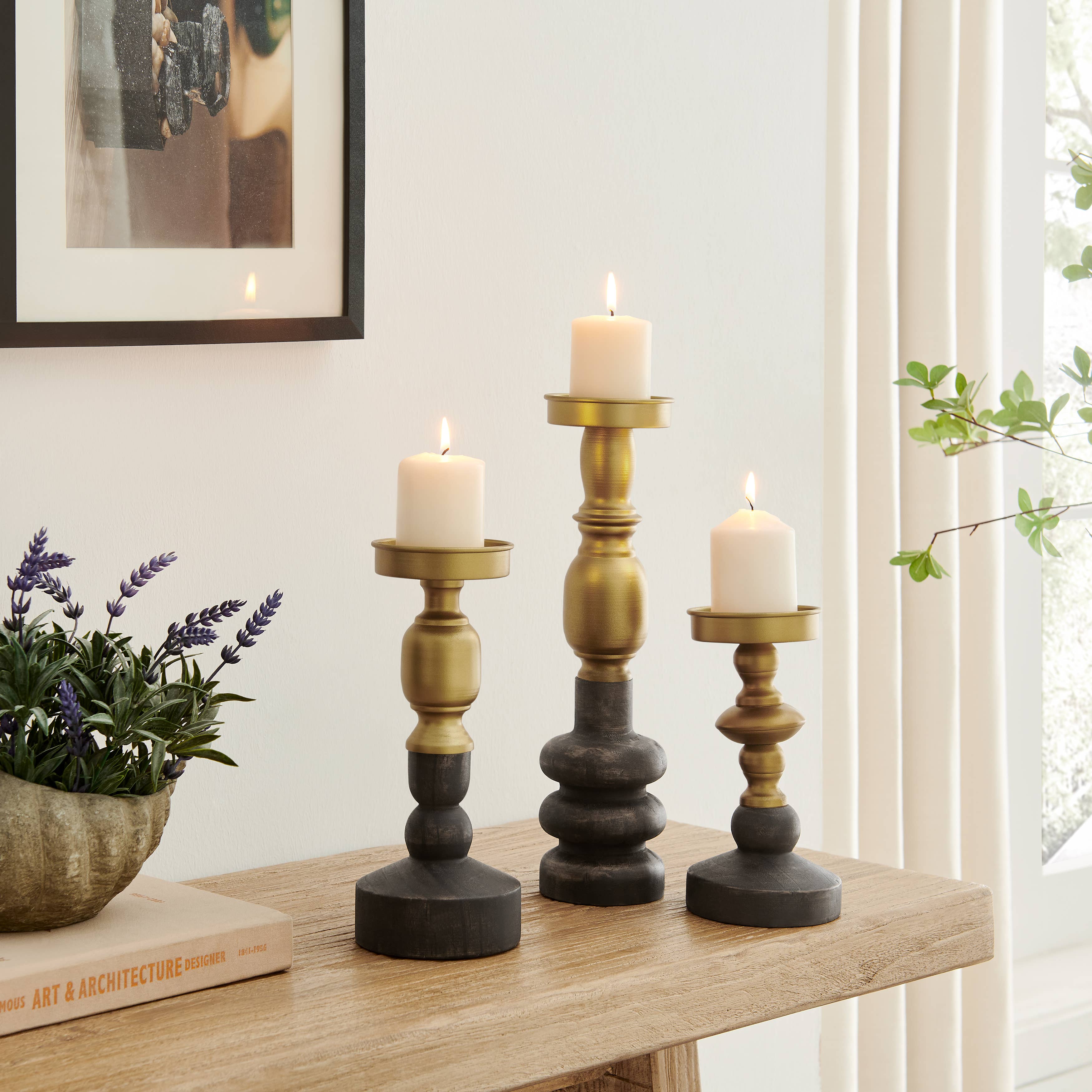 Danya B - Wholesale Candle holder - Nara Brass Wood Candlestick Pillar Candle Holders Set of 3