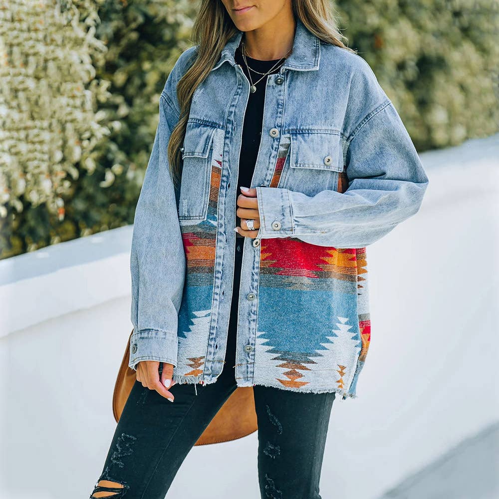 Rosa Clothing - Wholesale Denim Jacket - Women's - Vintage Ethnic AZTEC patchwork oversized denim jacket9