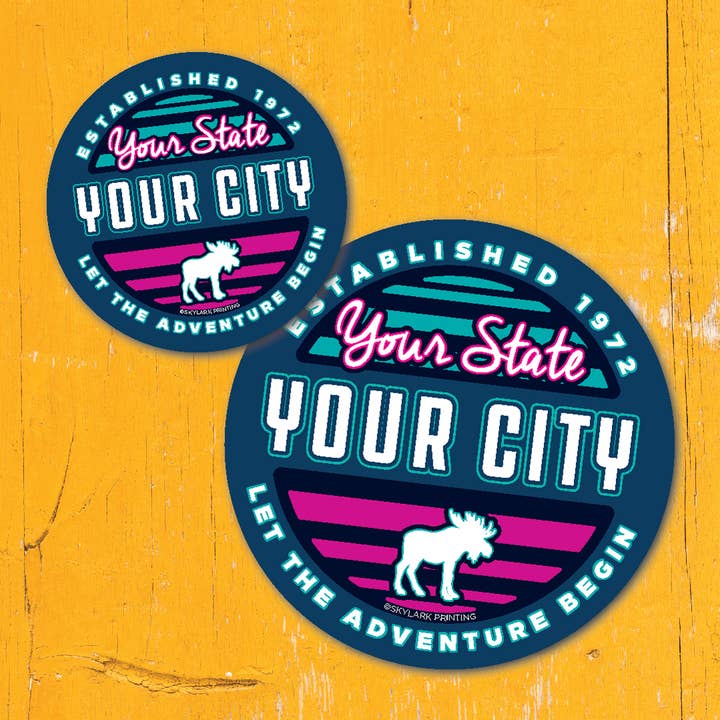 Adventure Begins Custom Souvenir Circle Sticker for wholesale by Skylark Printing