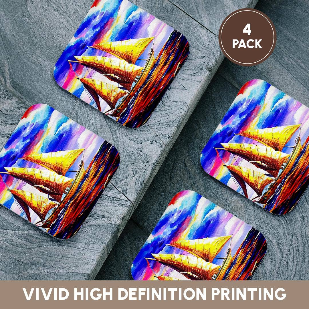 3dRose - Wholesale Coasters - 3dRose, Tall ship digital art. Three-mast scooner in the golden sunset light, Coaster12