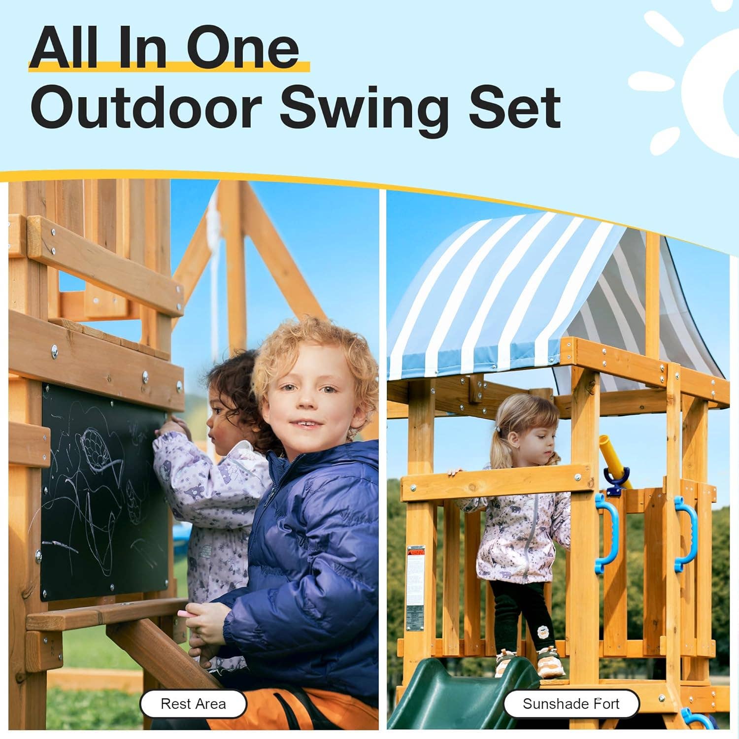 Robud & Mewoofun Official Store - Wholesale Swing Set - ROBUD Outdoor Wooden Swing Set with Two Swings for Backyard7