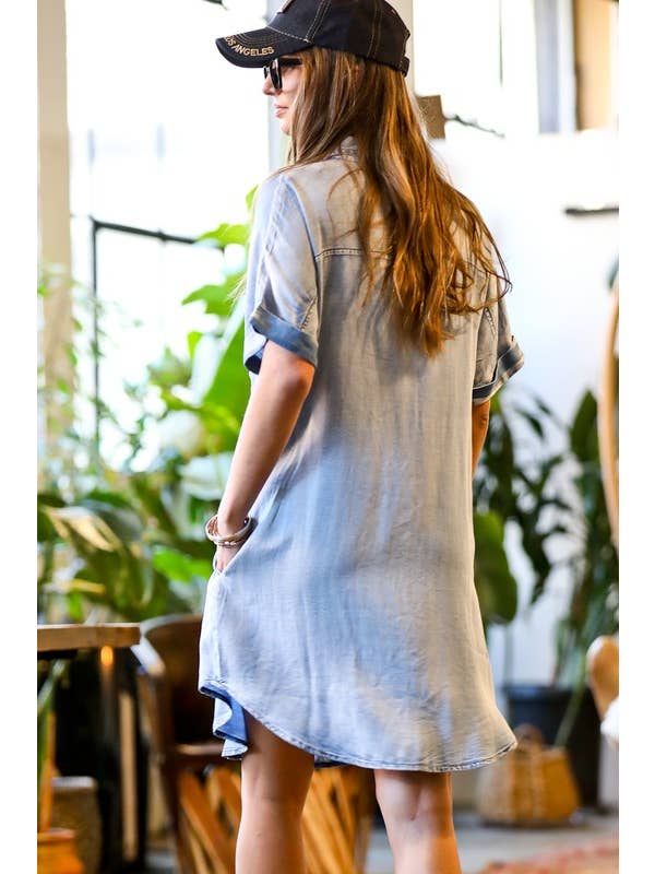 MK3369 Short sleeve front button down denim shirt dress for wholesale on Faire