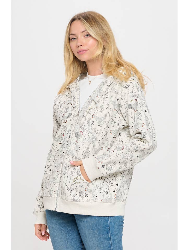 SM WARDROBE - Wholesale Hoodie - Women's - ROOSTER FLORAL PRINT ZIP HOODIE